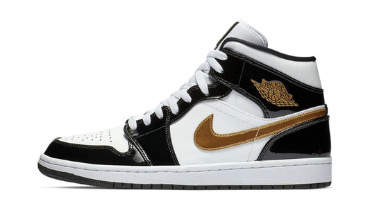 Jordan 1 Mid Patent Black White Gold